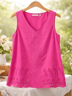🌸 Soft Surroundings Pink Bohemian Embroidered Eyelet Tank Top – Size M